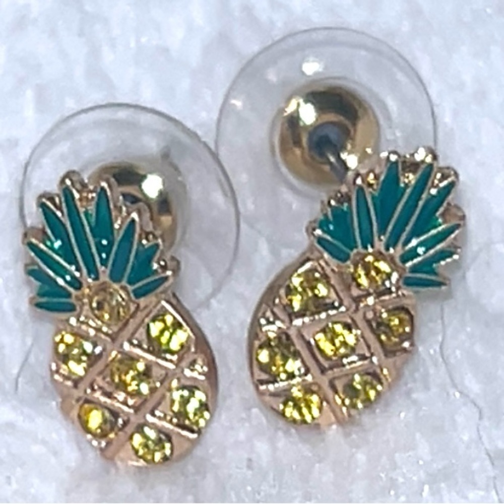 Pineapple Sparkly Stud Earrings with Green and Gold Accents